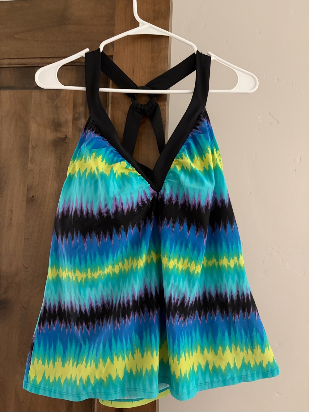 Jantzen Blue Teal Yellow Chevron Tankini Swim Top with Black Straps